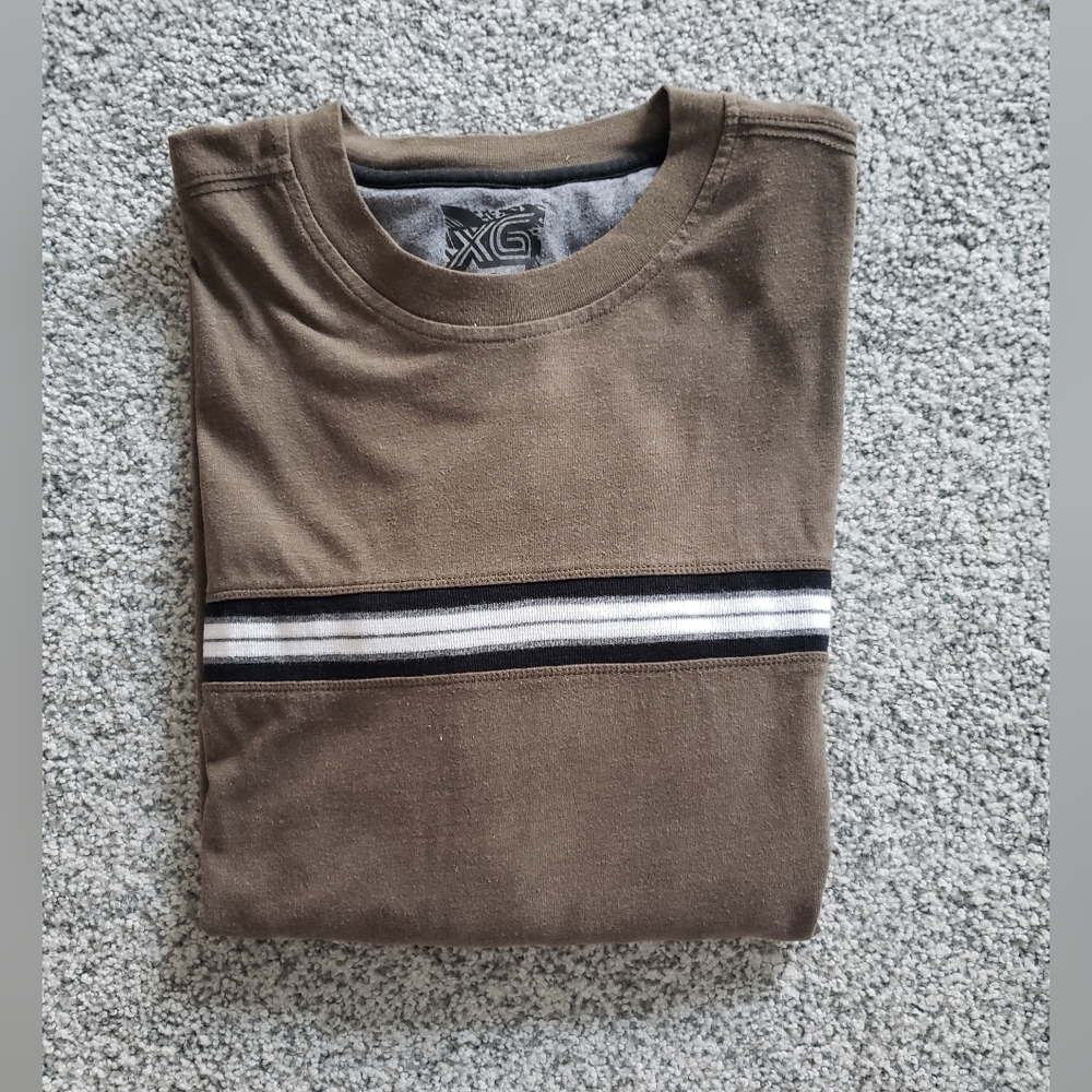 Mens army green XG long sleeve T shirt with multicolor stripes size XL